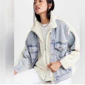 NWOT Blank NYC Cream Sherpa Lined Light Blue Denim Jacket Sz L Streetwear Grunge